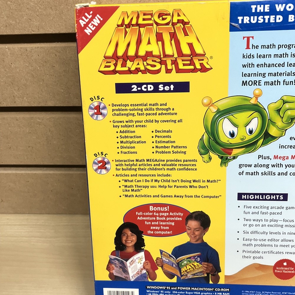 Mega Math Blaster 2-CD Set + Activity Book Windows 95 / Mac 1996