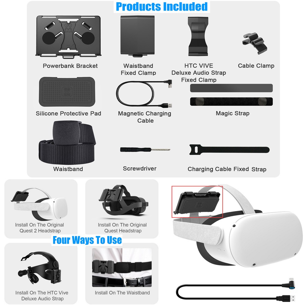 Power Pack Mount Bracket Battery Holder w/ USB Charge Cable Fix set for Quest 2
