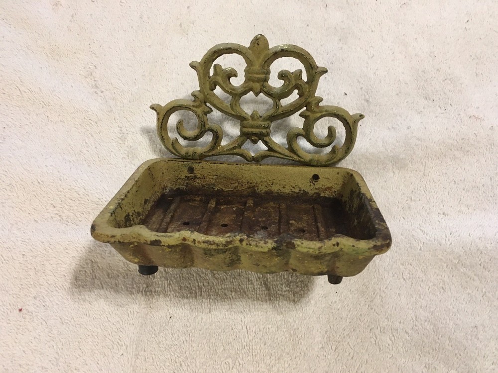 Vintage Rustic Cast Iron Soap Dish Painted Scroll Design