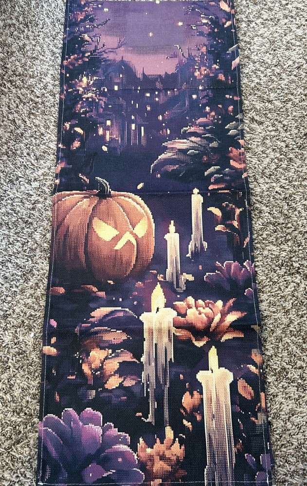 Purple Pumpkins Candles Halloween Table Runner 71 Inch Fall Kitchen Dining