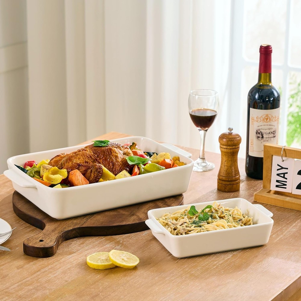Ceramic Bakeware Set, Rectangular Porcelain Baking Dishes for Kitchen, White