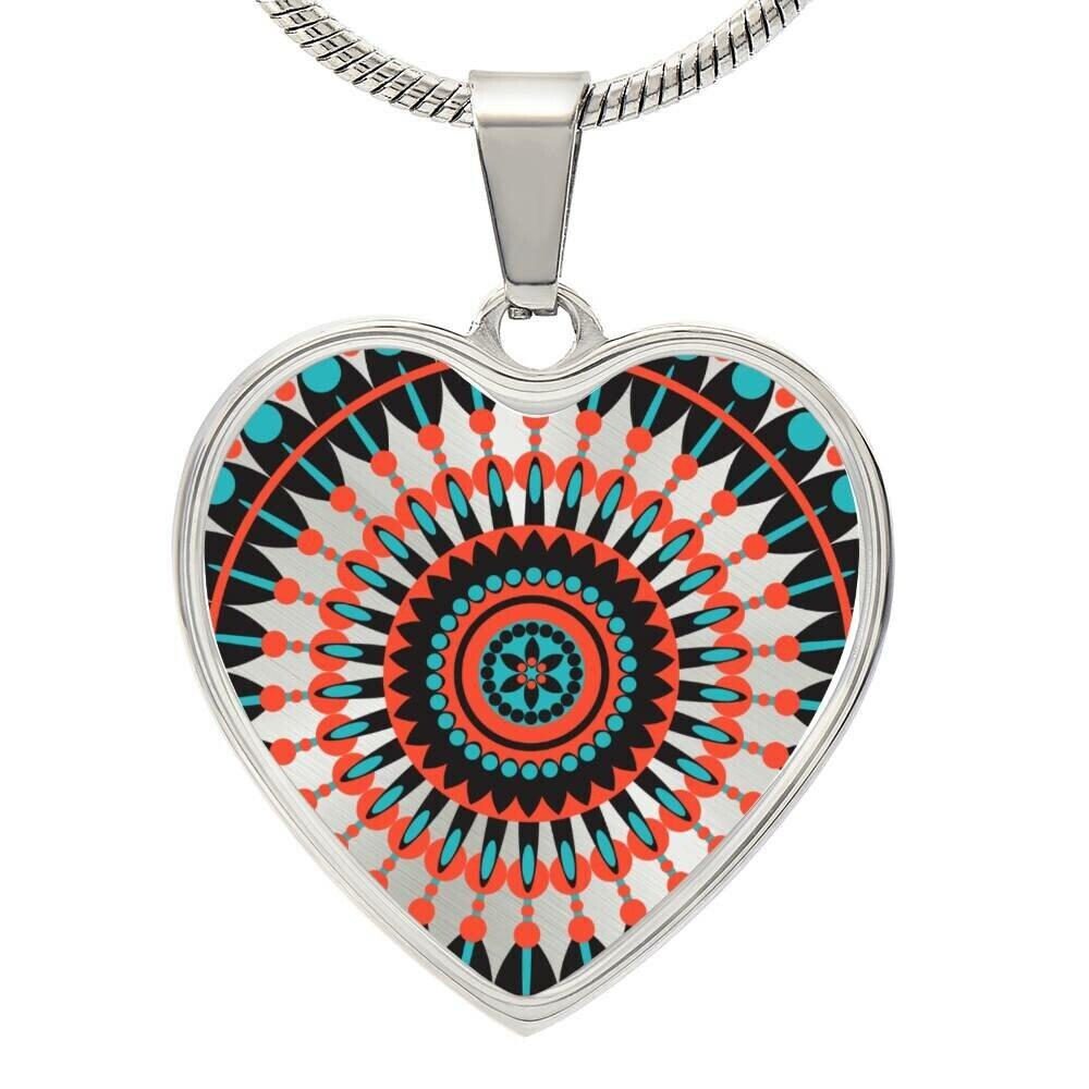 Graphic Heart Pendant + Necklace - Geometric Pattern Mandala