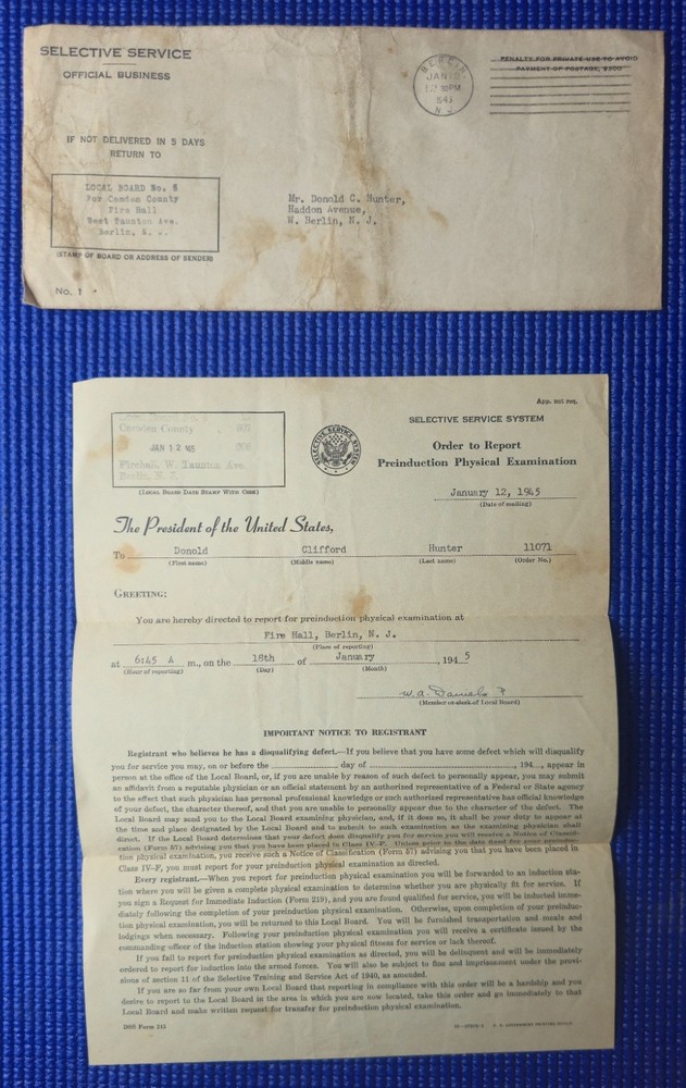 1945 WW2 US Selective Service System order to report preinduction physical