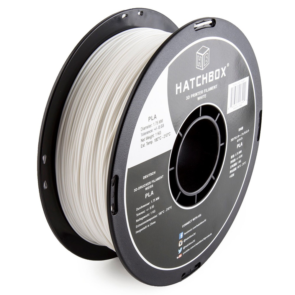 HATCHBOX PLA 1.75 mm 3D Printer Filament in White, 1kg Spool