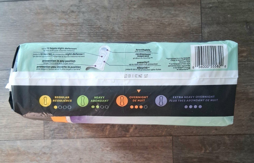 U by Kotex Clean & Secure Overnight Maxi Pads, 30 Count, NIP, Unopened