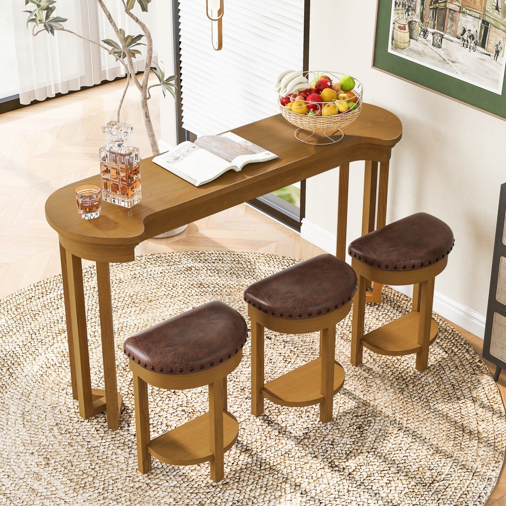 4 Piece Kitchen Counter Height Bar Table Set with 3 PU Padded Solid Wood Stools