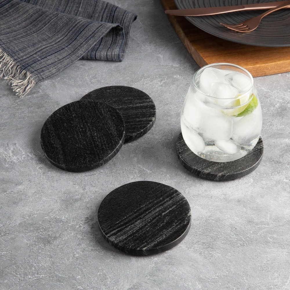 Thirstystone 4 Pack Natural Black Marble Round Coasters 4" Diameter Elegant