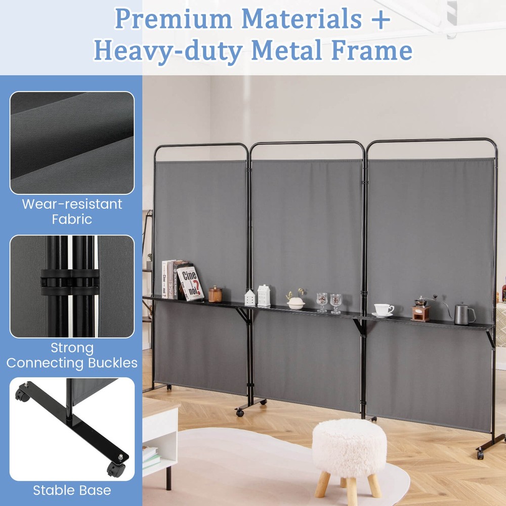 3-Panel Room Divider with Storage Shelves 6FT Tall Folding Privacy Screen on