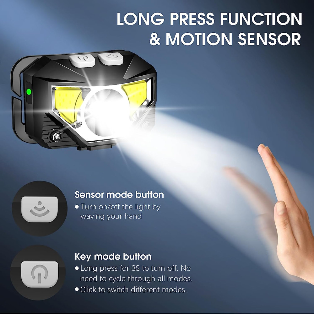 Rechargeable LED Headlamp Flashlight with Motion Sensor - 2-Pack