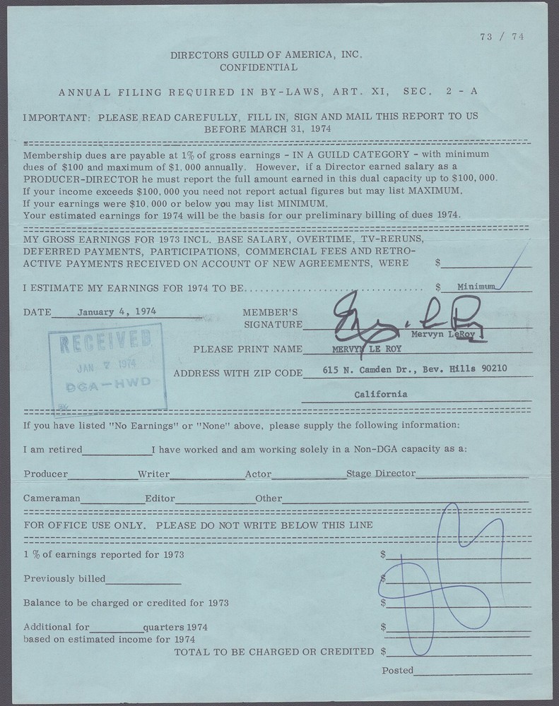 MERVYN LEROY - DOCUMENT SIGNED 01/04/1974