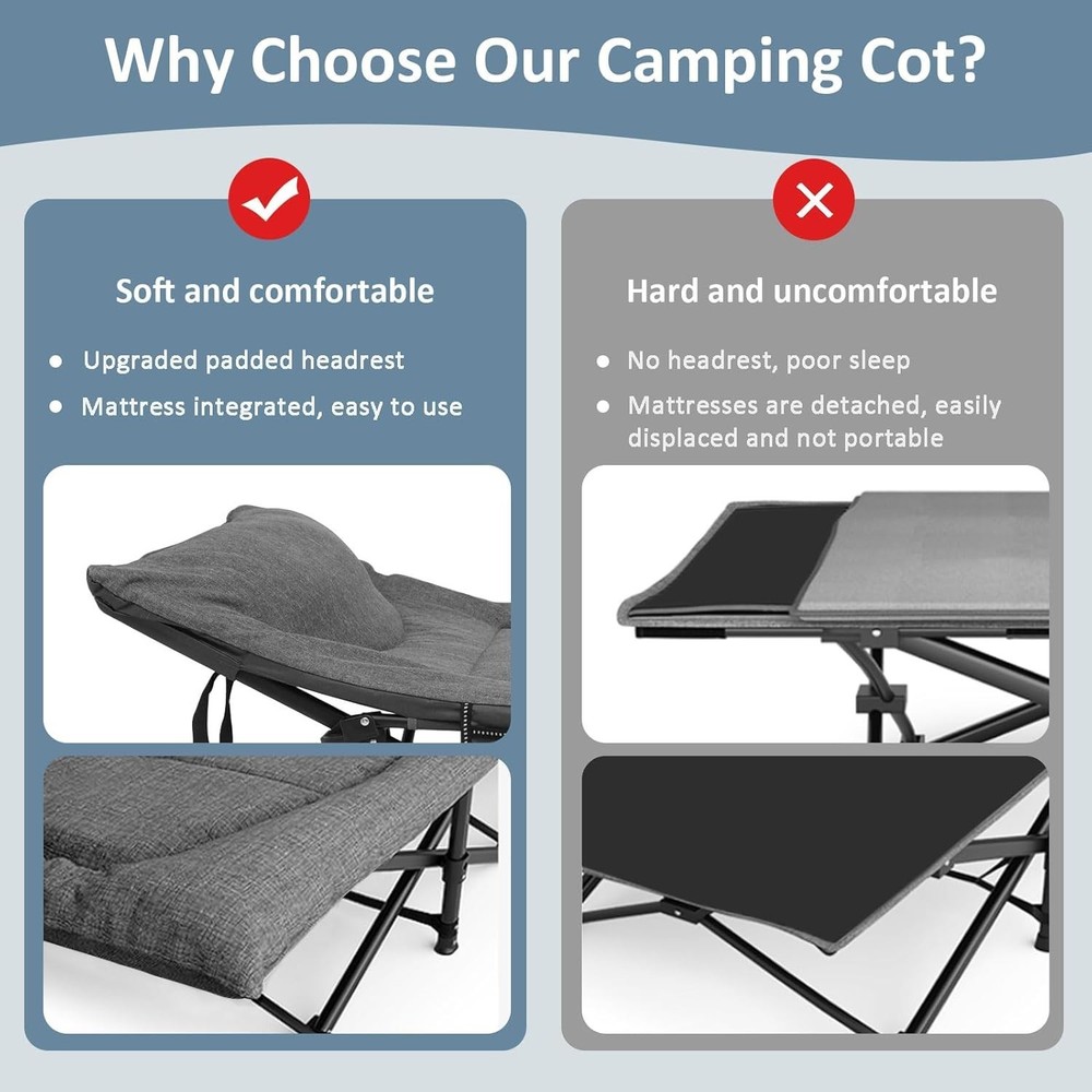 Camping Cot with Mattress & Pillow Folding Portable 450lbs Grey