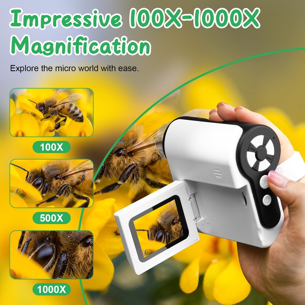 4K Kids Microscope 2" IPS Screen 1000X Handheld Digital Microscopes 32GB Card