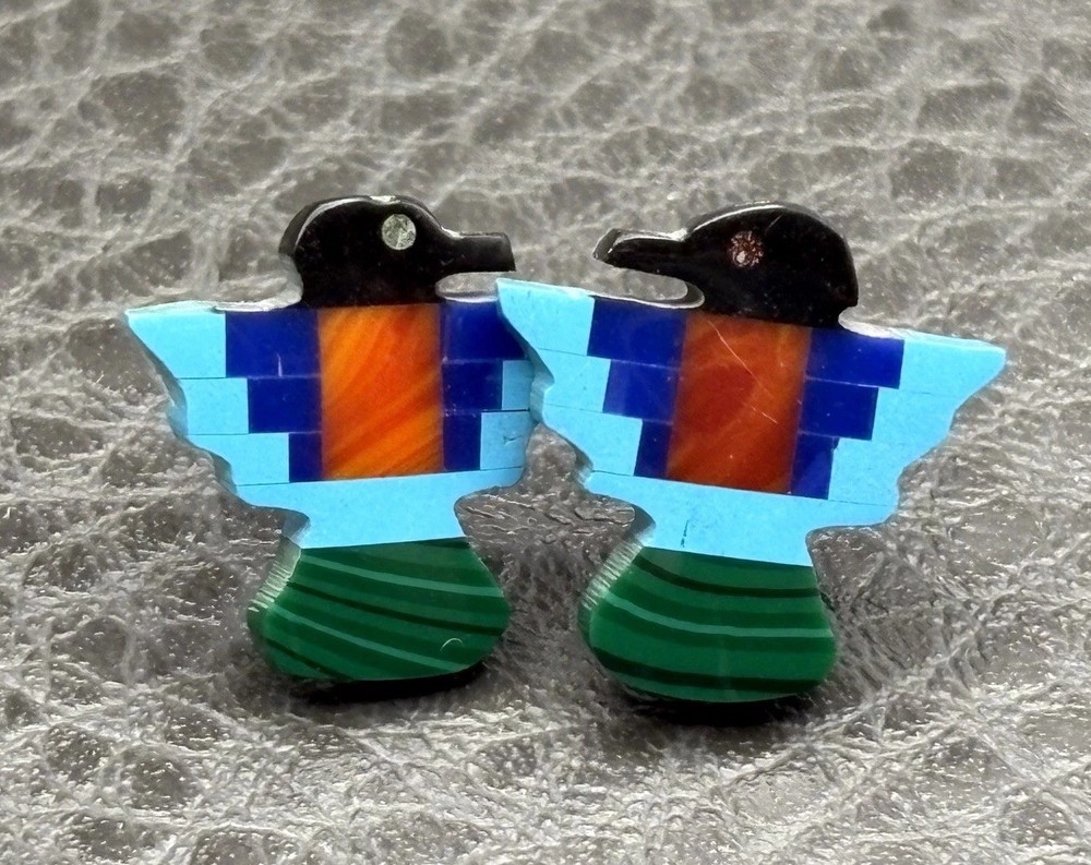 Sterling Silver Multicolor Inlay Thunderbird Stud Earrings Southwestern Style