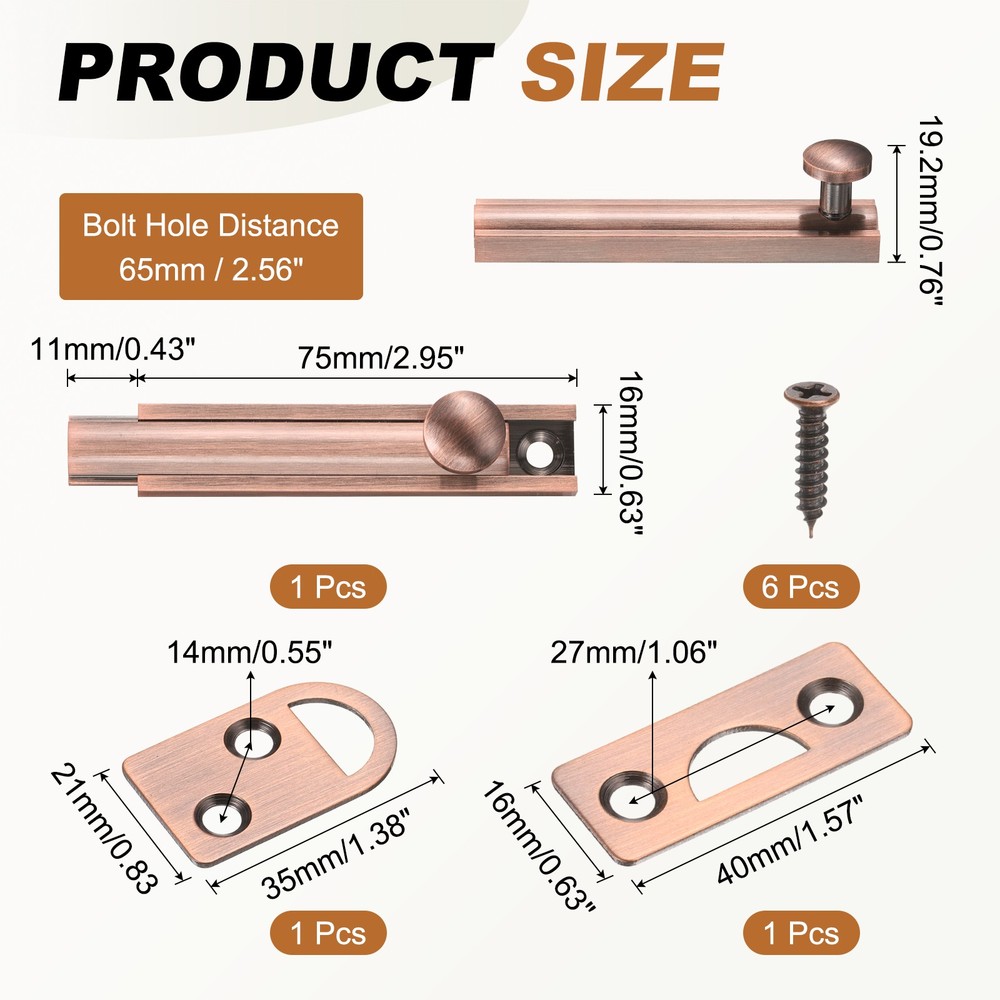 3" Solid Brass Surface Bolt, Brushed Slide Latch Door Lock, Red Bronze