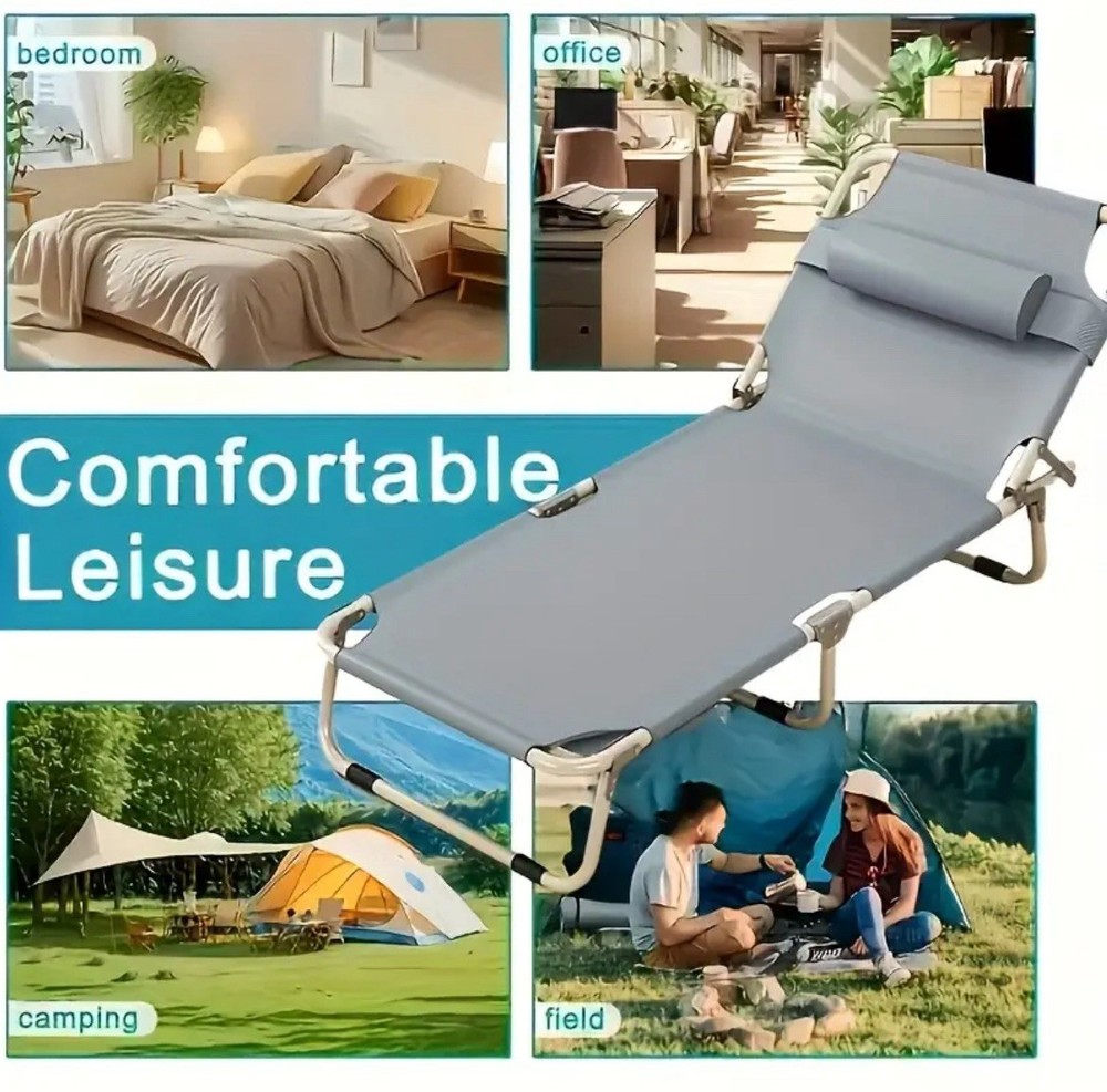 Portable Foldable Camping Bed With Soft Cushion & Pillow Adjusted Single