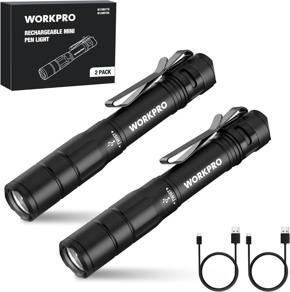 WORKPRO Rechargeable Pen Light Mini Flashlight 2 Pk Ultra-Compact EDC Flashlight