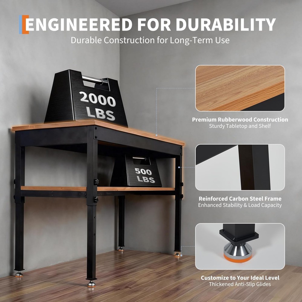 48" Adjustable Workbench with Storage Shelf & Power Outlet, 2500 LBS Heavy-Duty