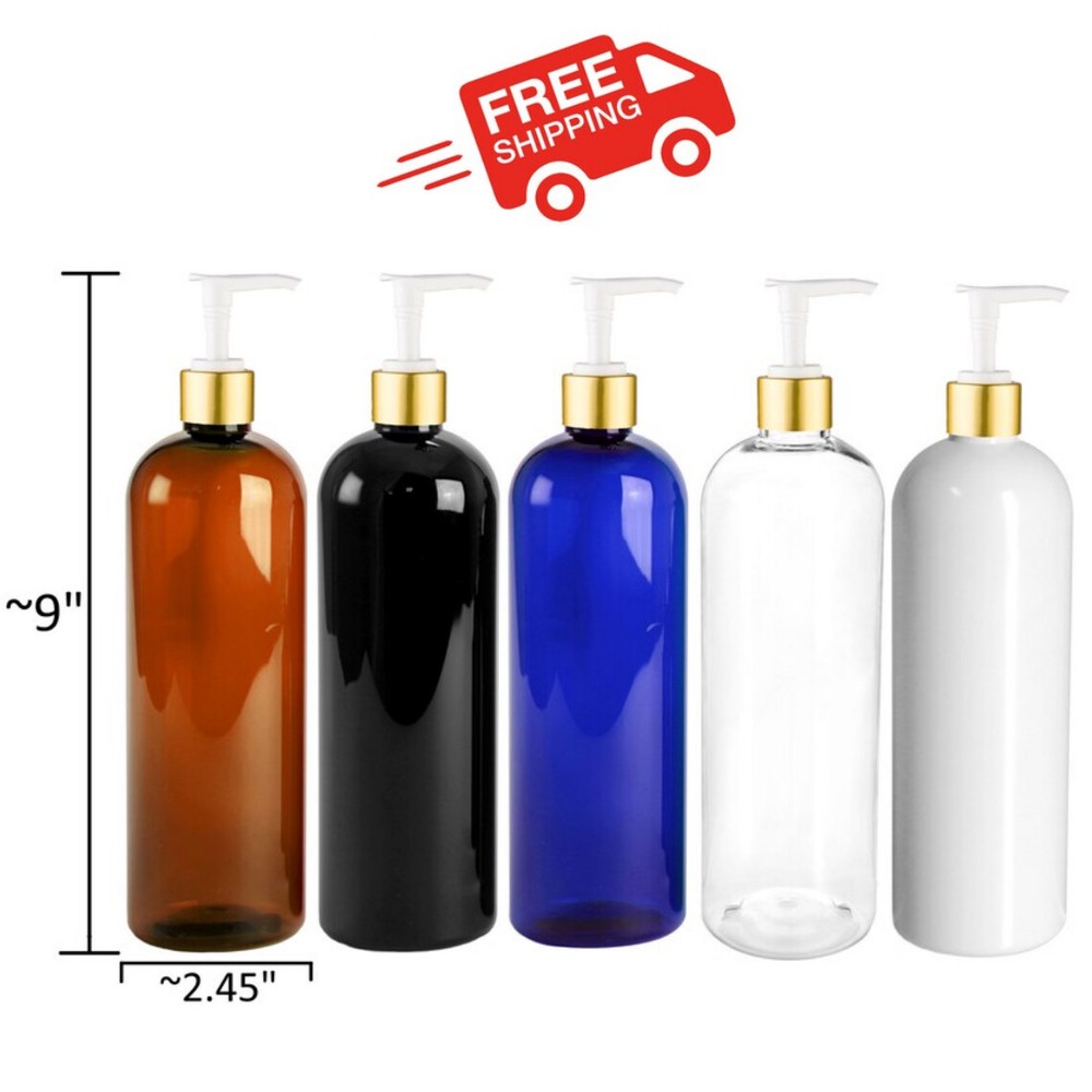 New16 OZ PET Plastic Bottle, Gold  Pump Dispenser, Refillable (Bulk)