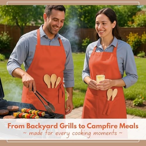 Kitchen Apron 2 Pack - 100% Cotton Adjustable, Durable Apron with Orange