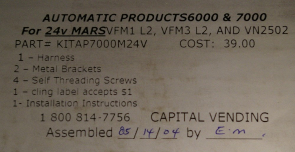 Automatic Products 6000 7000 24v MARS VALIDATOR conversion kit KITAP7000M24V