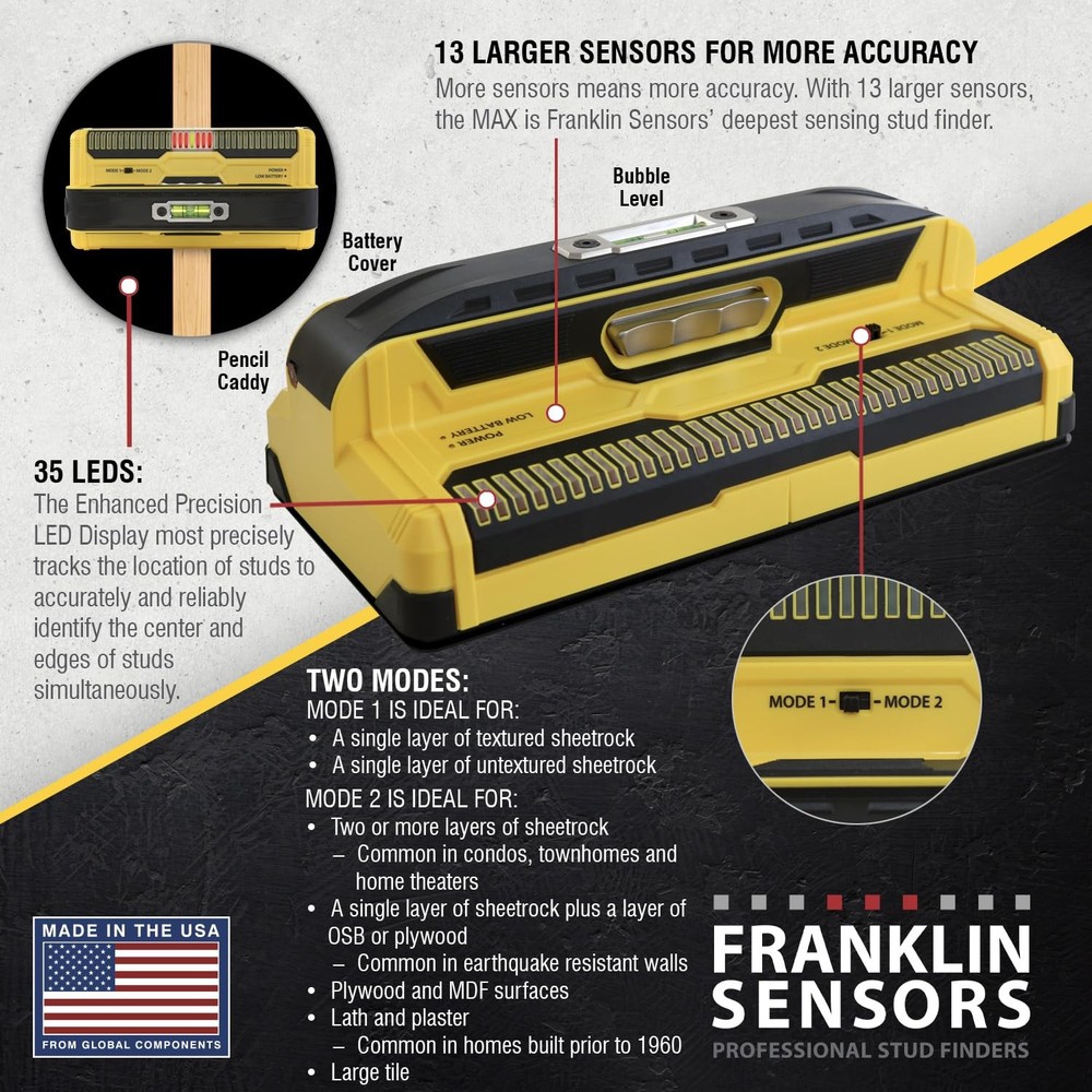 Best Franklin Sensors ProSensor MAX Stud Finder, 13-Sensor Wall Scanner, Detects