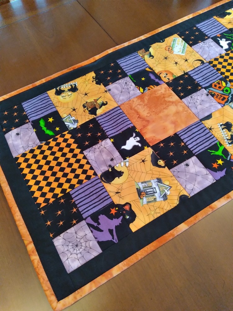 Handmade Quilted Halloween Reversible Table Runner, Table Topper
