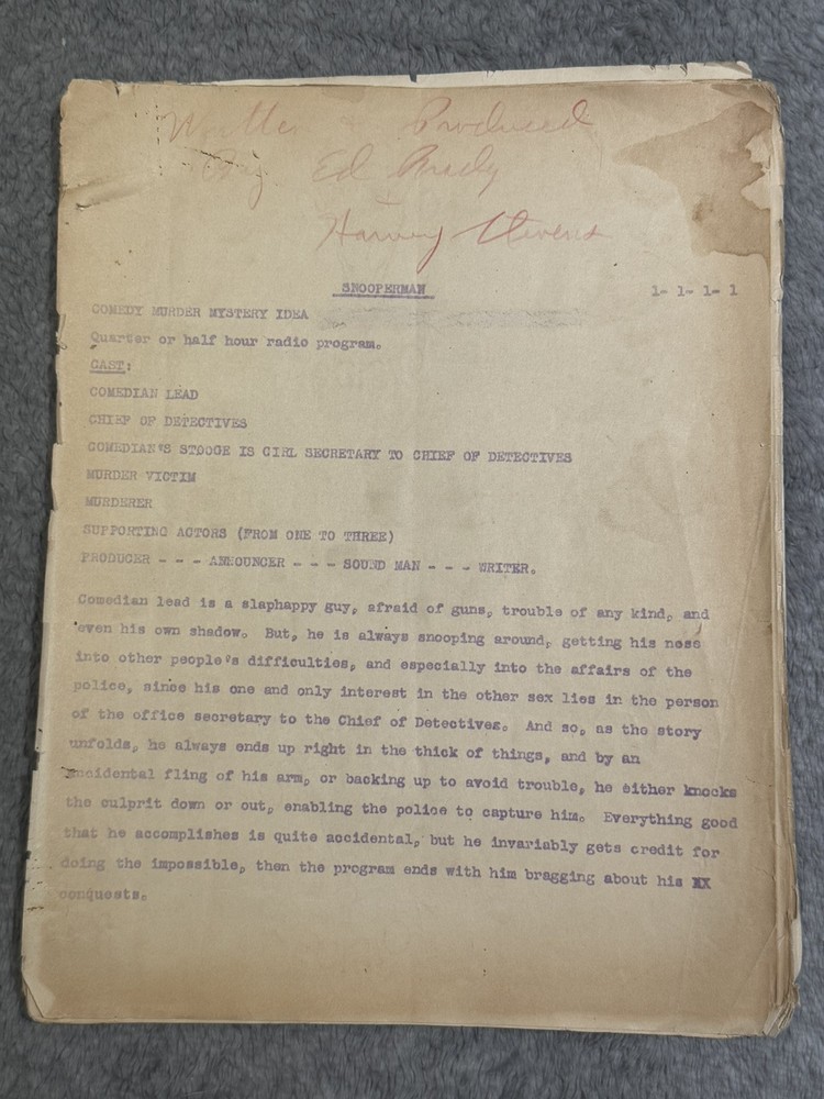 "SNOOPERMAN" by ED BRADY & HARVEY STEVENS Comedy/Mystery Script Radio Inscribed