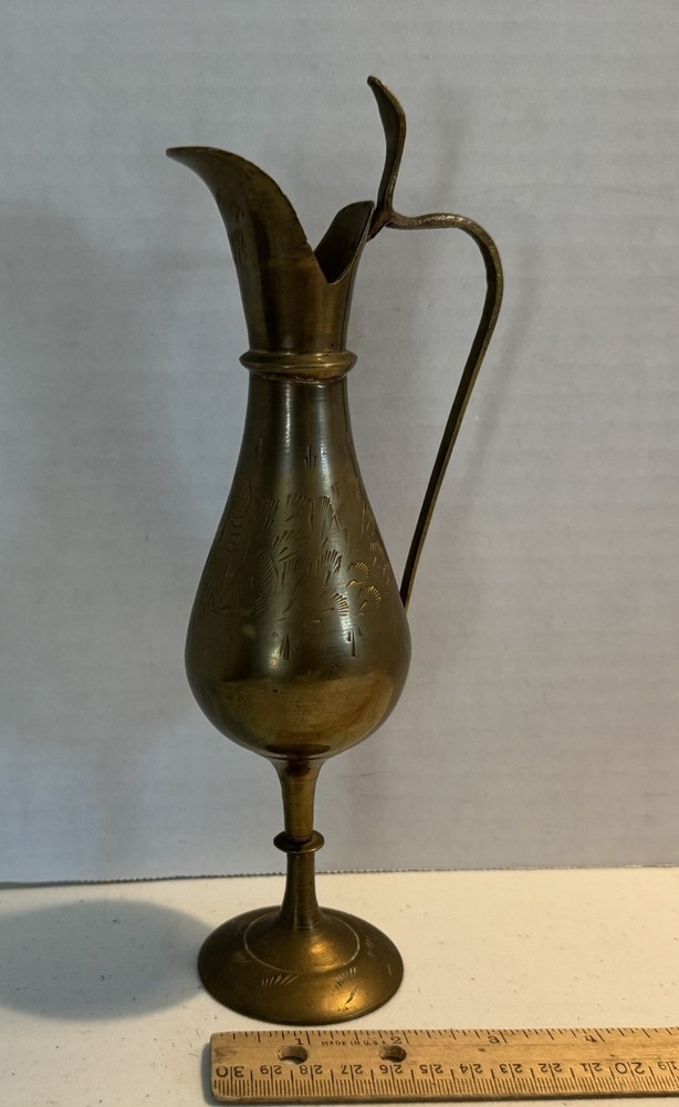 Solid  Brass Pitcher 9.5"  Floral Leaf Etched Cobra Head Handle Vase