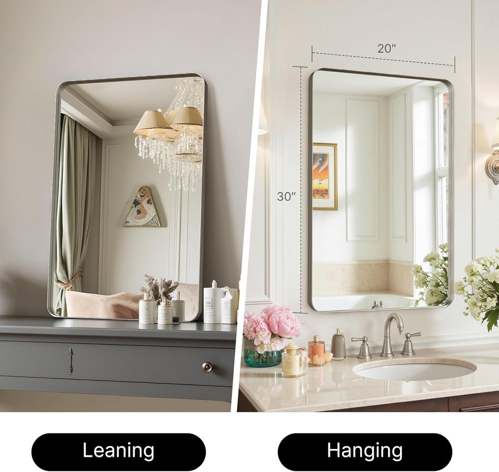 30"x20" Bathroom Mirror Large Brushed Nickel Rounded Rectangle Vanity Mirror