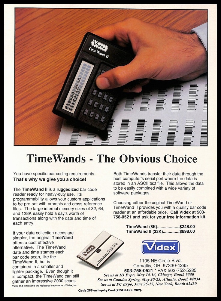 1991 Videx TimeWand Bar Code Reader Vintage PRINT AD Retro Electronics