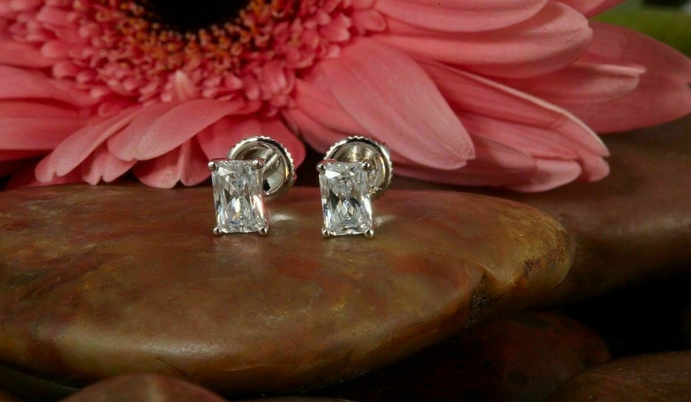 2ct Emerald Cut Lab Created Diamond Solitaire Stud Earrings 14k White Finish
