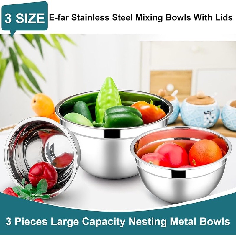 Stainless Steel Mixing Bowls Set W/ Airtight Lids Nesting Stackable Easy Clean