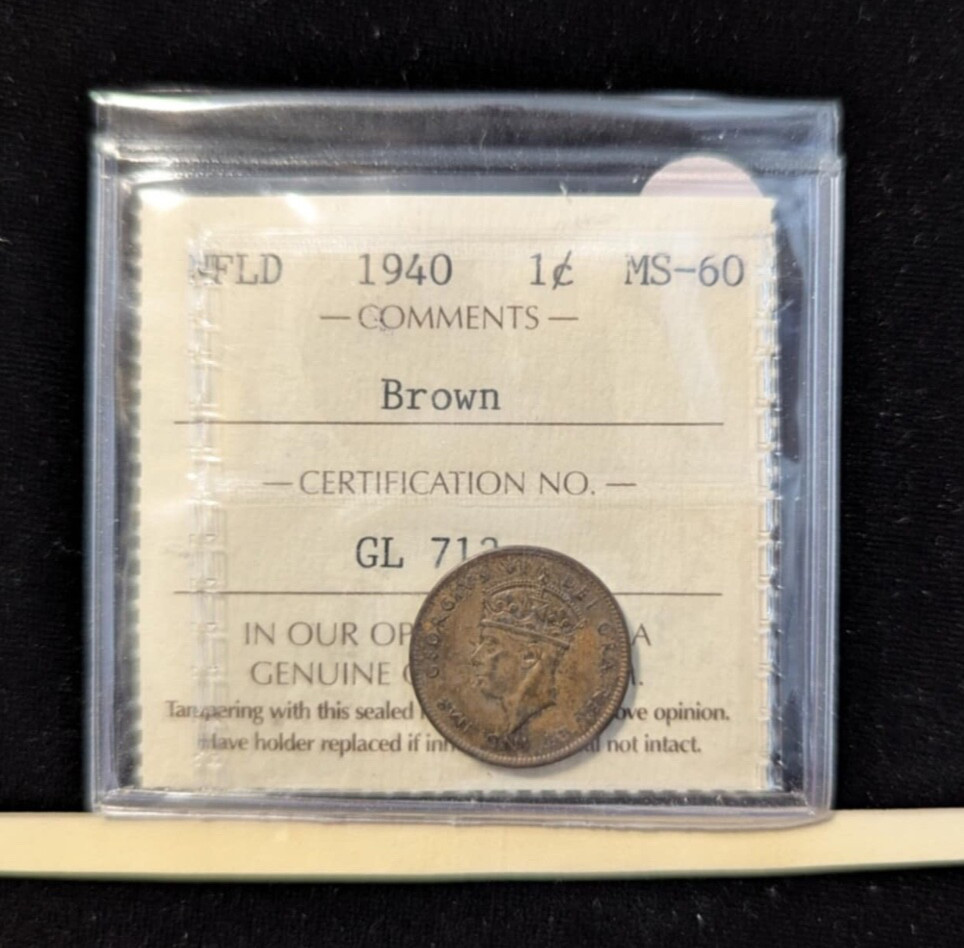 1940  ICCS Graded Newfoundland, Small One Cent, **MS-60** GL 712