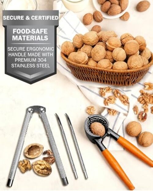 3Pcs Heavy Duty Nutcracker Set with Bowl, Easy Walnut Cracker for Pecans,