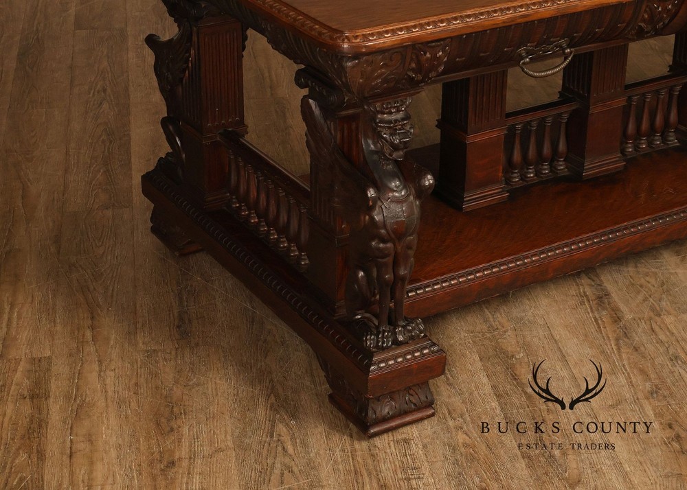 Victorian Carved Oak Library Table With Griffin Supports