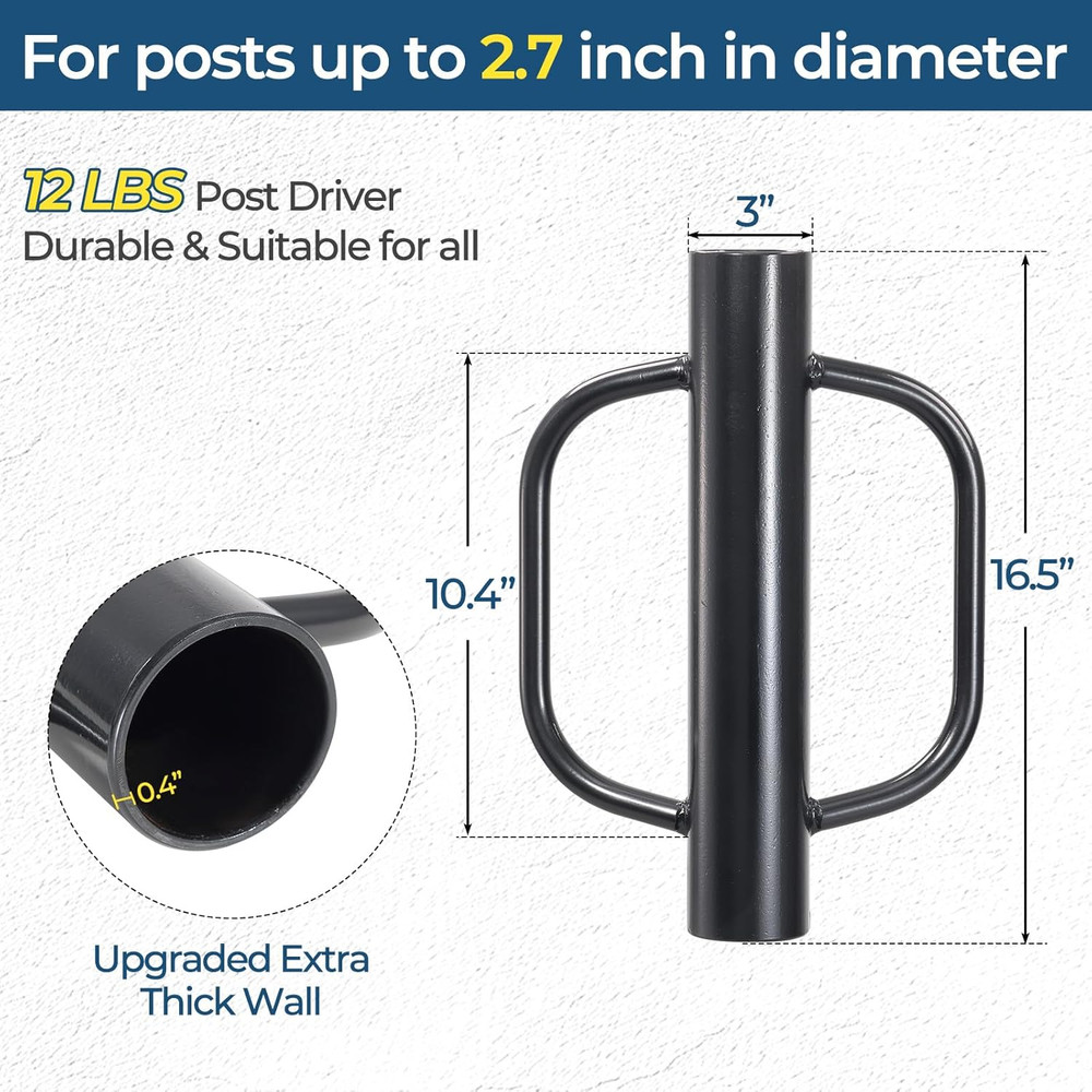 Fence Post Driver, 12LBS Fence Post Driver with Handle, 2.7 Inch Inner Diameter
