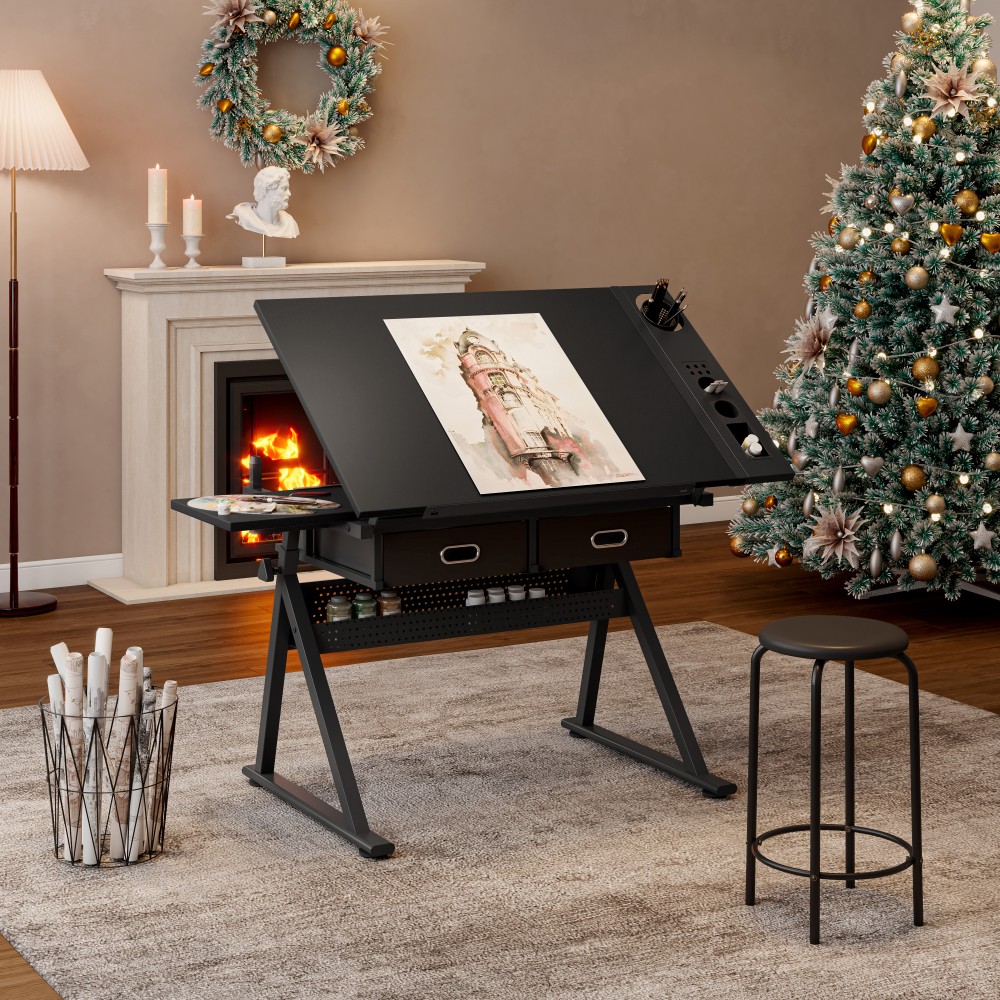 Adjustable Drafting Table with 2 Drawers & Stool for Home Office School