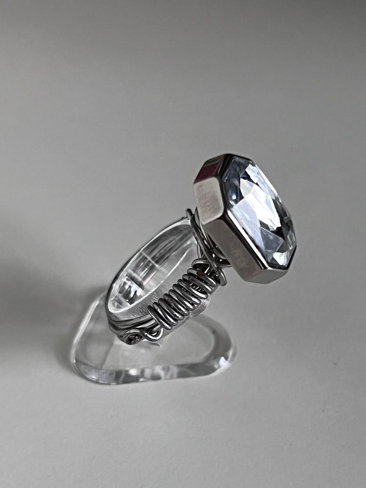 Silver and Crystal Sparkly Wire Wrapped Button Ring Size 6