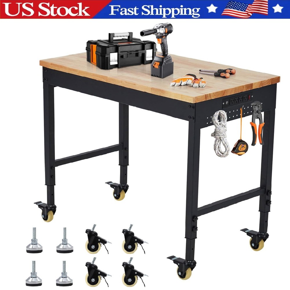 48"x24" Adjustable Workbench ,Heavy Duty Work Table with Power Outlet and Wheels