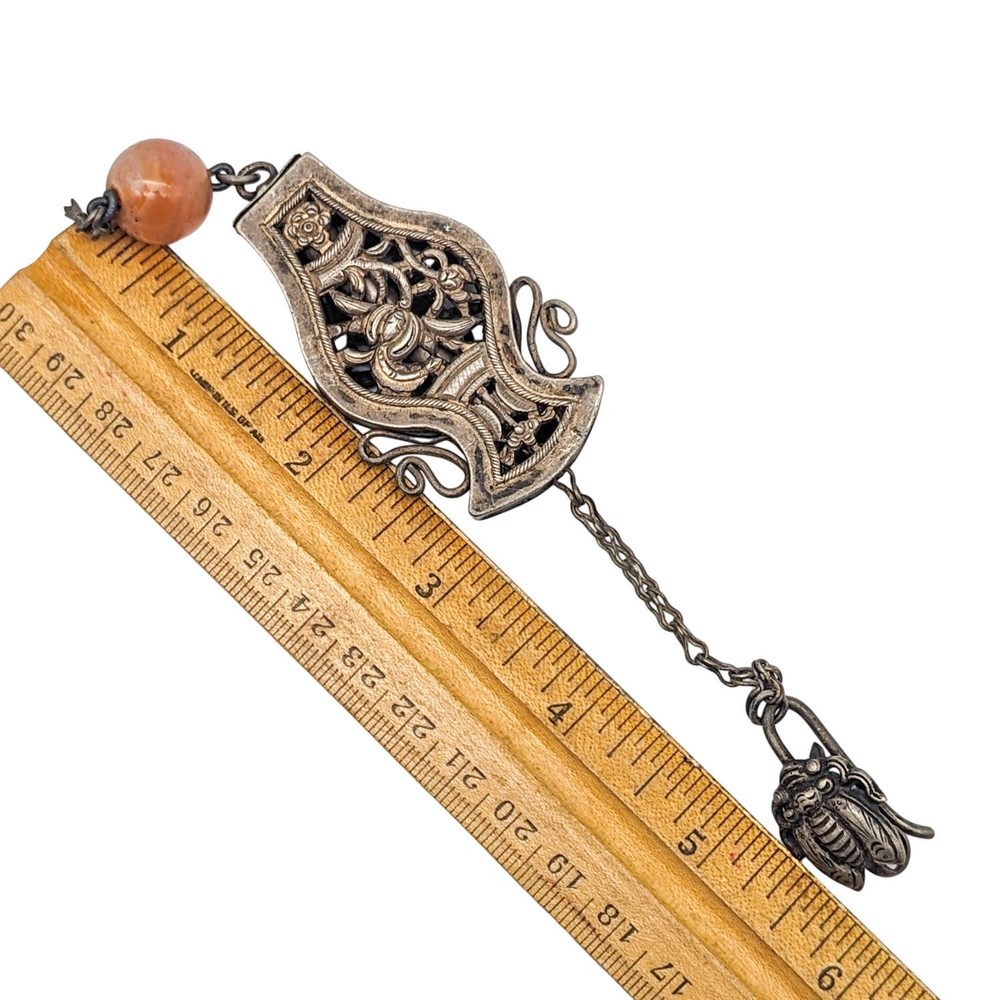 Antique Chinese Export Silver Needle Case Agate Bead Cicada Clip Openwork Vase