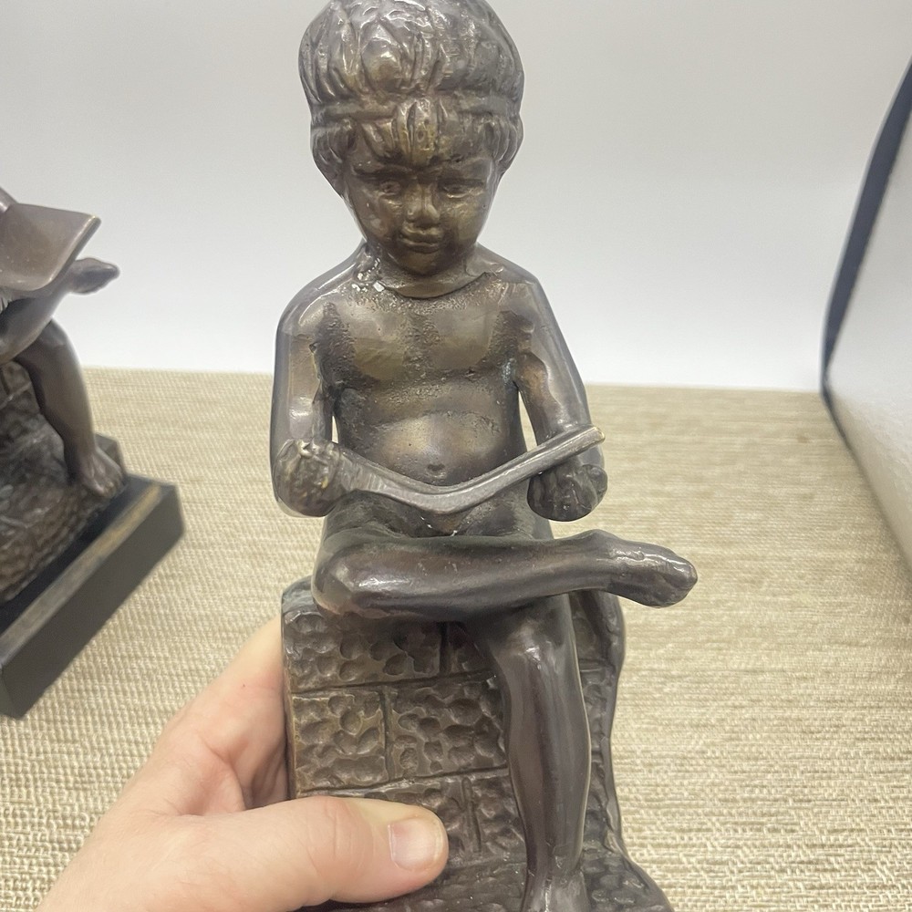 Vtg Bronze Boy Cherub Reading Book Bookends