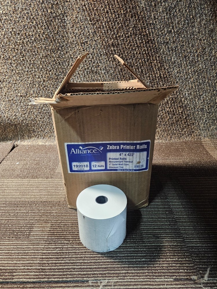 (QTY 12) Zebra Heavyweight Printer Rolls Thermal 1" Solid Wall Core 4" x 422'
