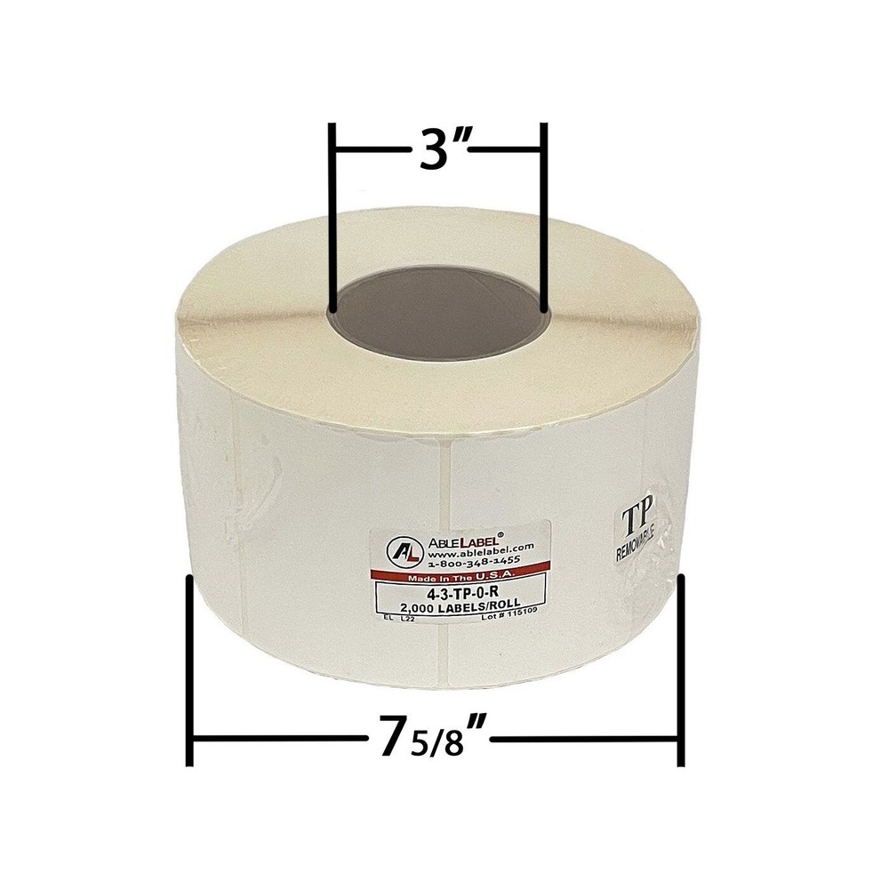 4" x 3" Thermal White Removable Label 3" Core 2000 Labels per Roll, AbleLabel