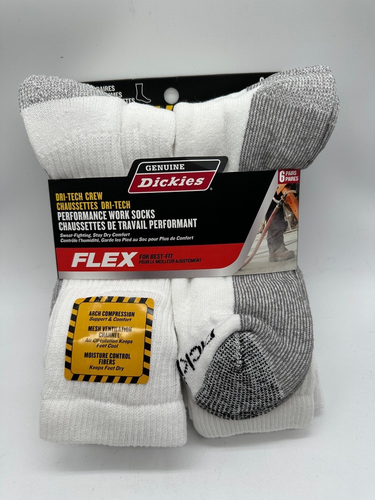 NEW 6 PAIR PACK DRI-TECH CREW GENUINE DICKIES MENS FLEX PERFORMANCE WORK SOCKS