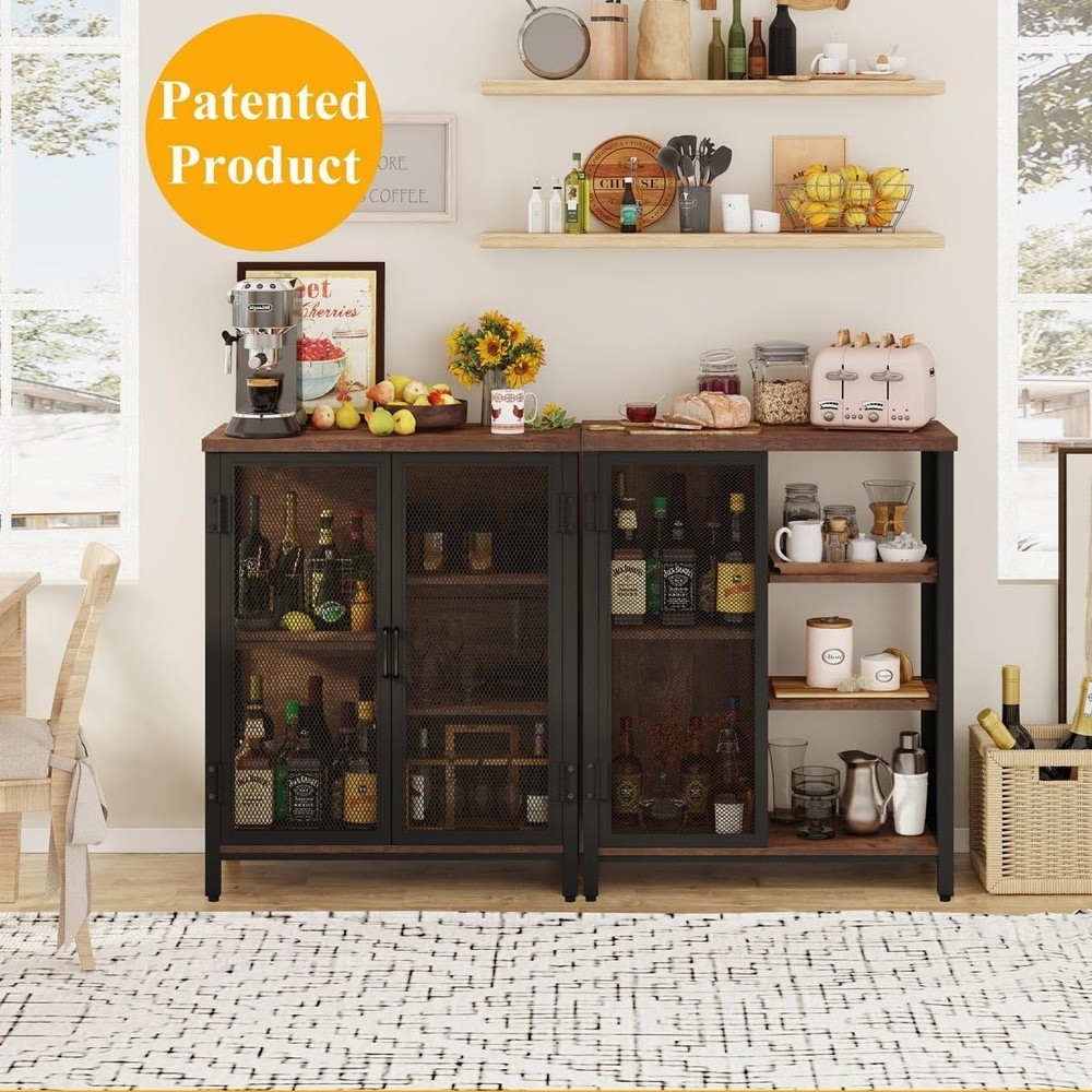Rustic Oak Coffee Bar Cabinet with Adjustable Shelves and Hidden Storage Space