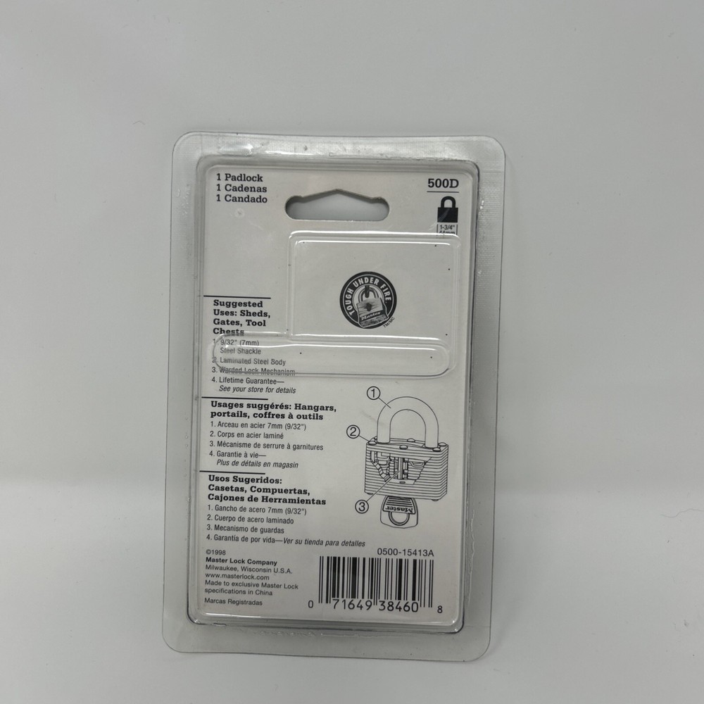 Master Lock 500D Padlock with 2 Keys (0500-15413A) Patented Locking Lever