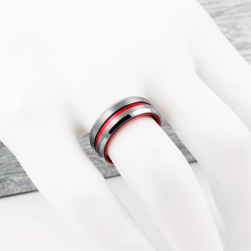 Tungsten Brushed Silver Thin Red Line Band Ring Firefighter First Responder