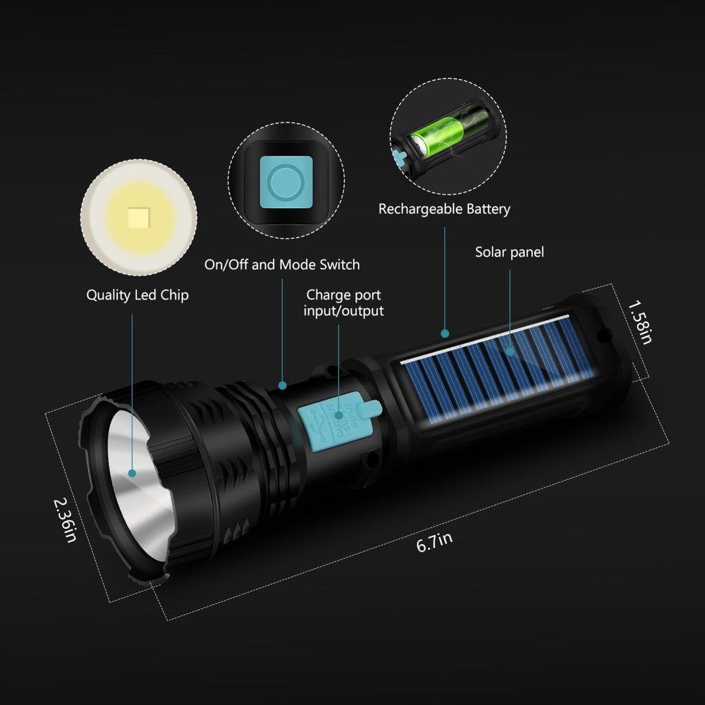 LED Solar Flashlight, 1500 Lumens Handheld Rechargeable Flashlights 2000mAh