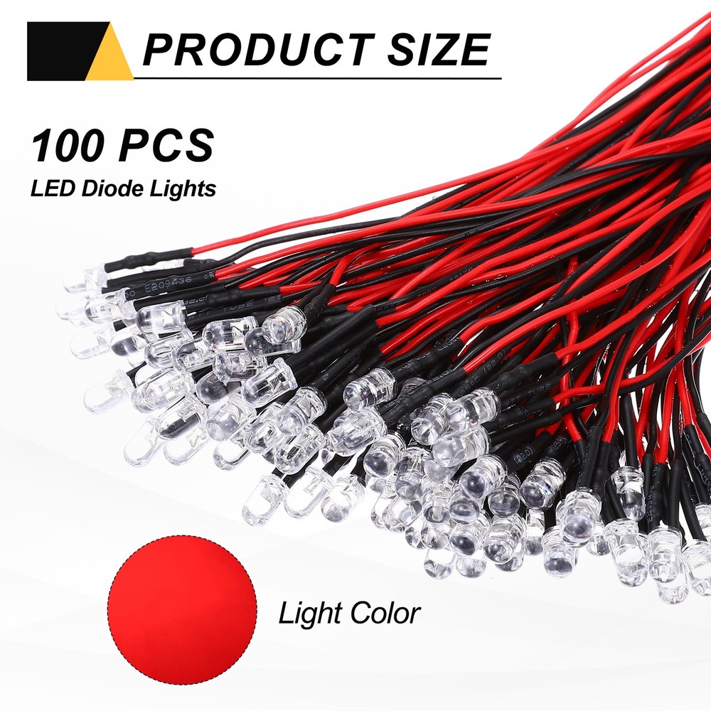 100pcs 5mm LED Diode Lights, Red Light DC 12V for Electronics Components