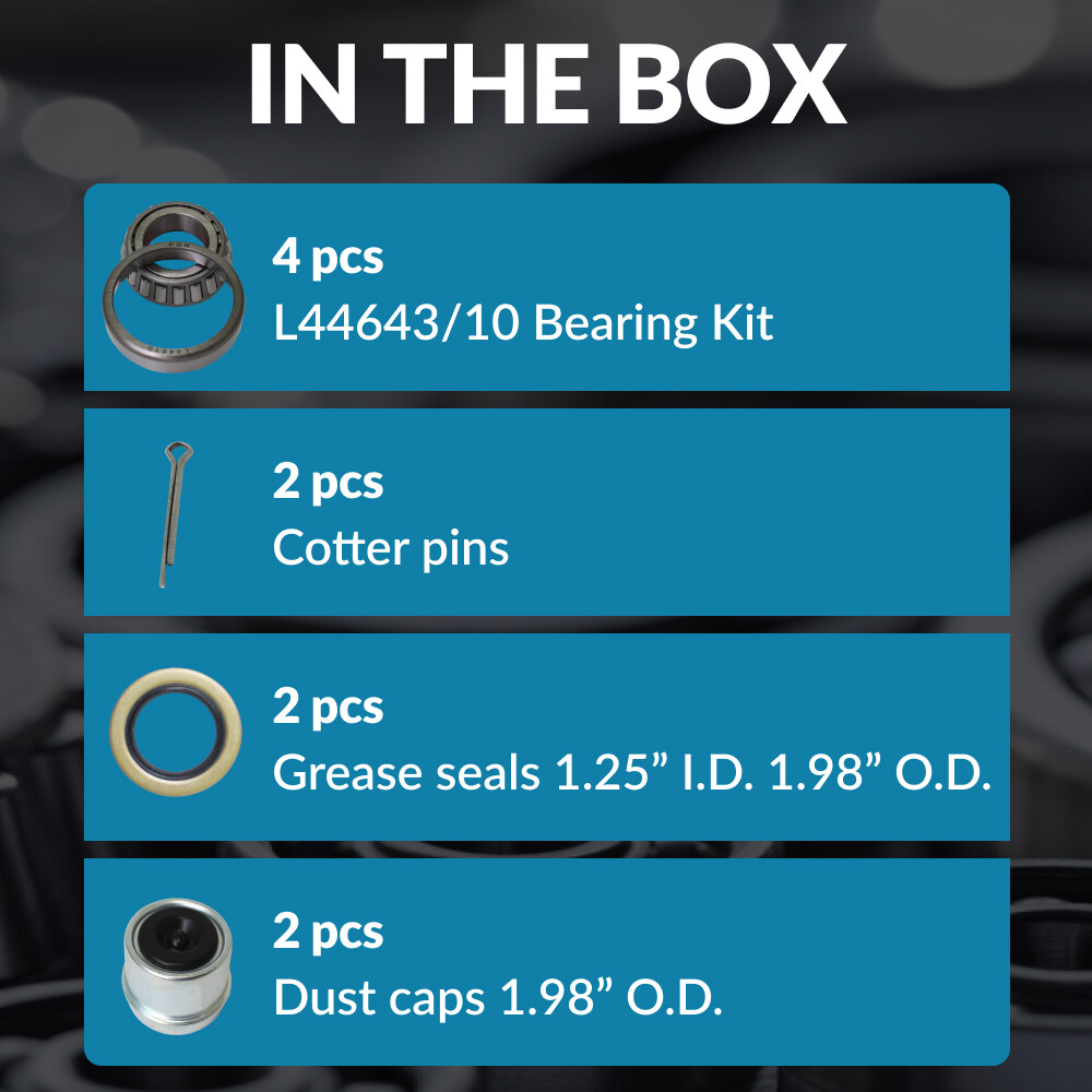 L44643/10, 1" Axles Trailer Wheel Hub Bearings Kit Seal + Pin + Dust Cover